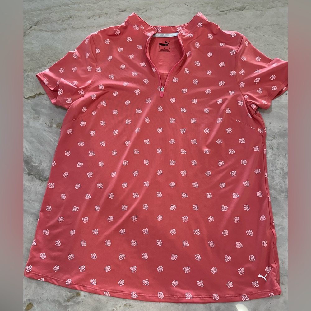Puma Coral Short Sleeve Quarter-Zip Top with White Floral Print